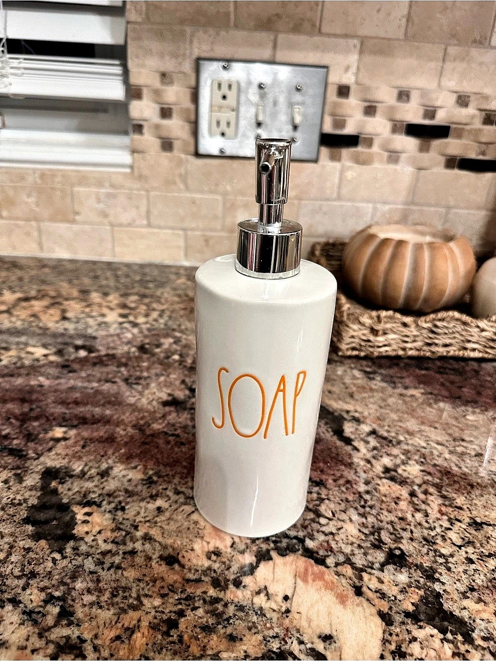 Rae Dunn Artisan Collection Soap Dispenser White with Orange Letters